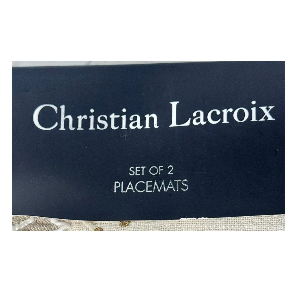 Christian Lacroix Set of 2 Round Placemats Beige Gold Embroidered Leaf Cotton